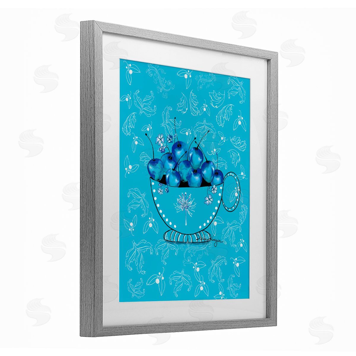 Susan Lugar Blue Cherries Teacup on Florals Canvas Wall Art Print