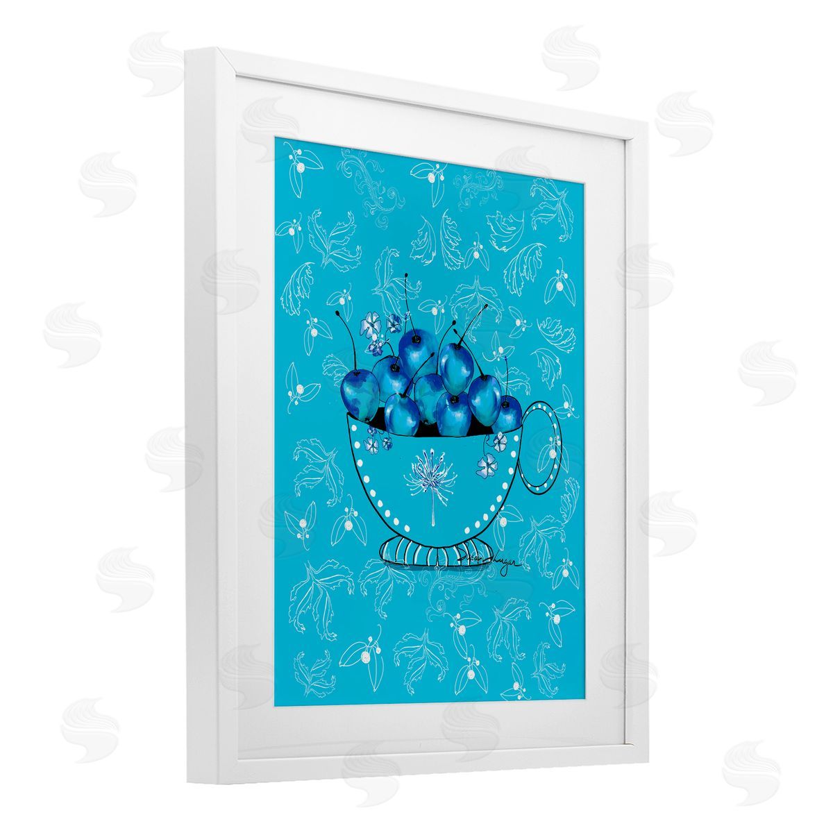 Susan Lugar Blue Cherries Teacup on Florals Canvas Wall Art Print