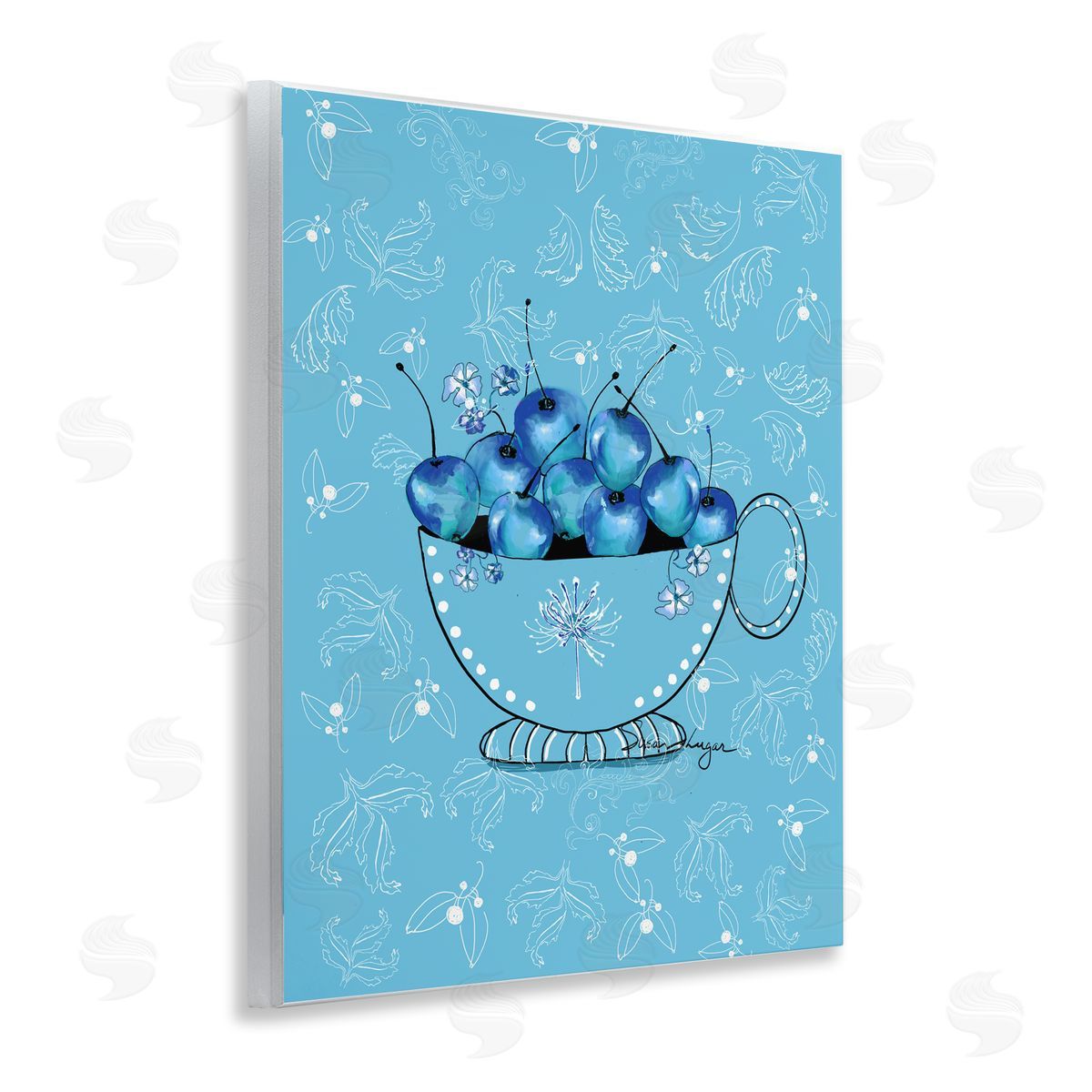 Susan Lugar Blue Cherries Teacup on Florals Canvas Wall Art Print