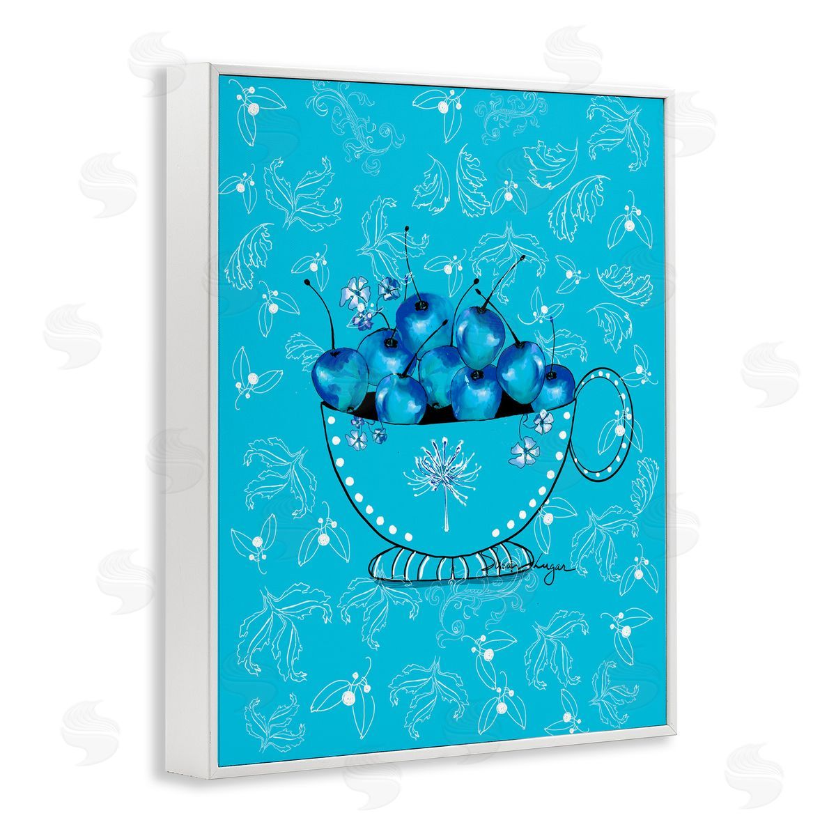 Susan Lugar Blue Cherries Teacup on Florals Canvas Wall Art Print