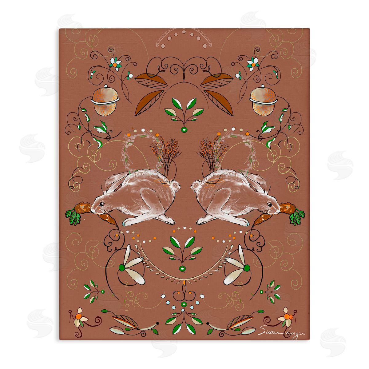 Susan Lugar Symmetrical Woodland Folk Bunnies Canvas Wall Art Print