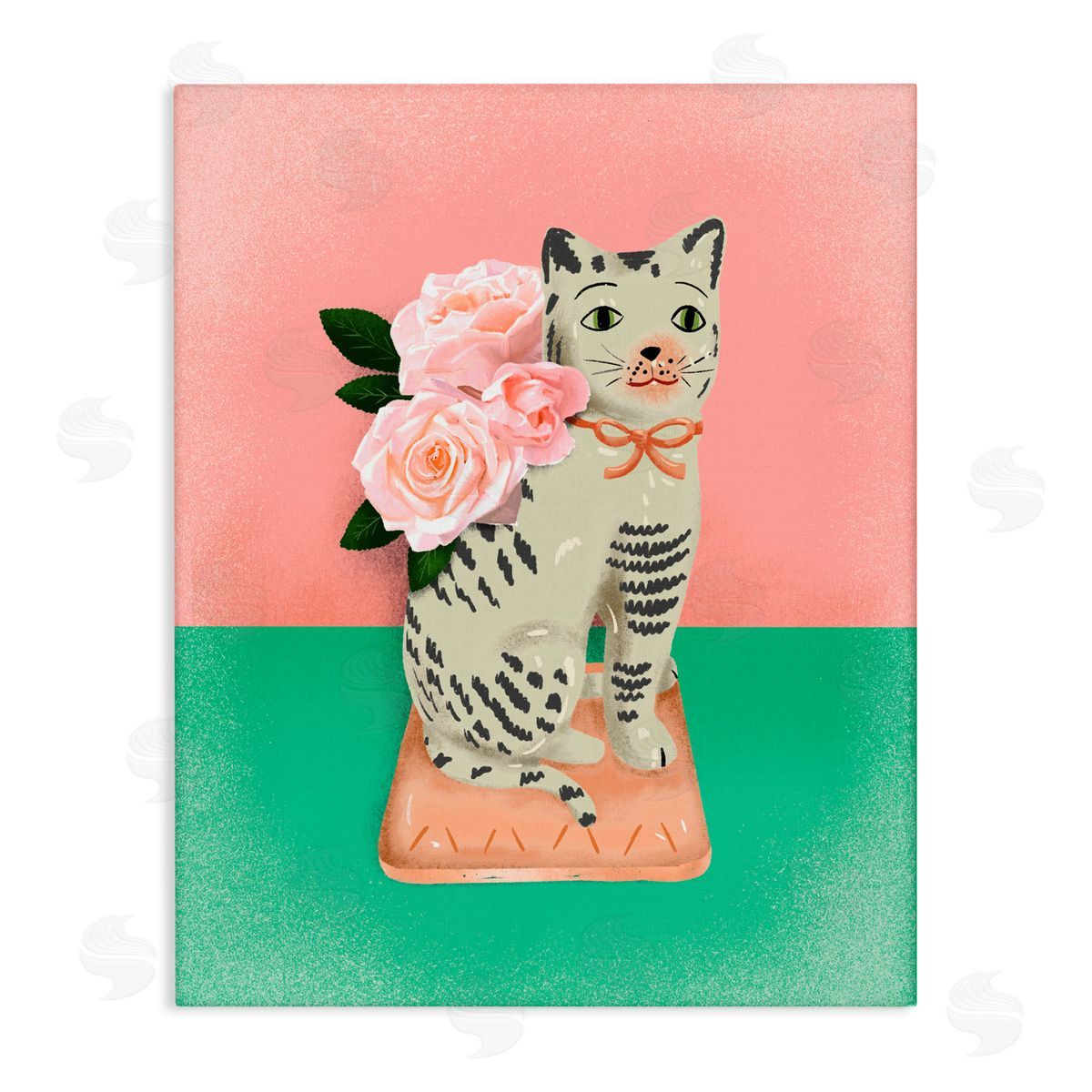 Jilly Jack Designs Vintage Cat Sculpture Pink & Green Canvas Wall Art Print