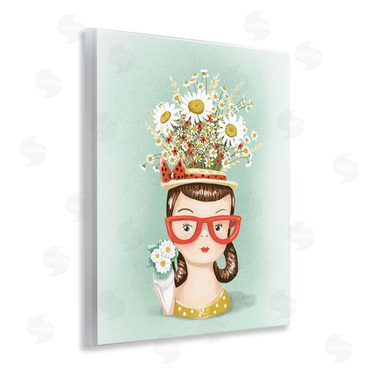 Jilly Jack Designs Vintage Planter Girl with Daisies Canvas Wall Art Print