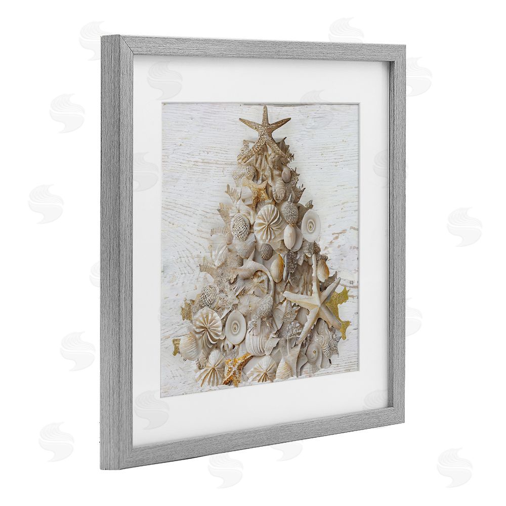 Sasha Rustic Holiday Seashell Tree Gray Framed Print Under Glass Art