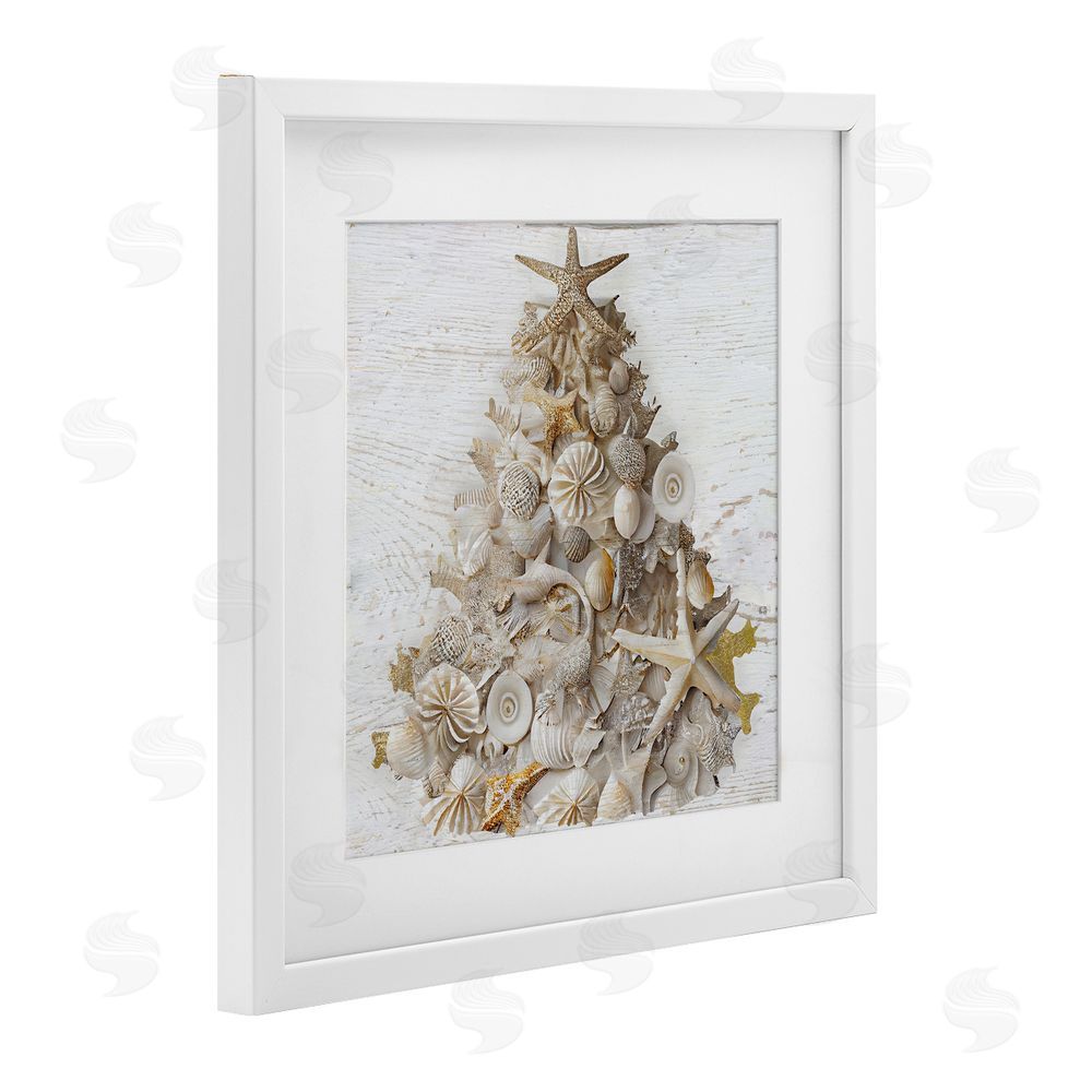 Sasha Rustic Holiday Seashell Tree White Framed Print Under Glass Art
