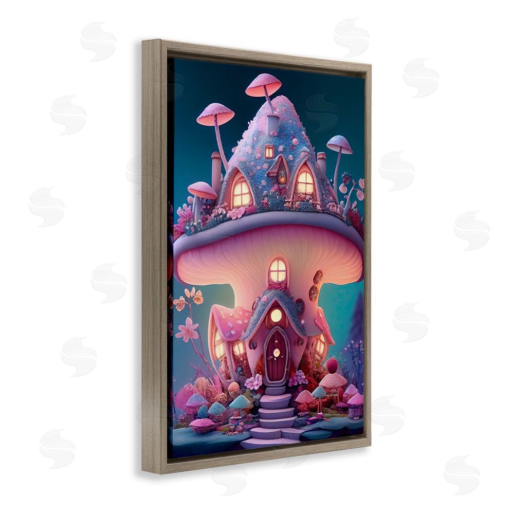 Sasha Magicville Mushroom Cottage Home Brown Floating Frame Canvas Wall Art Print