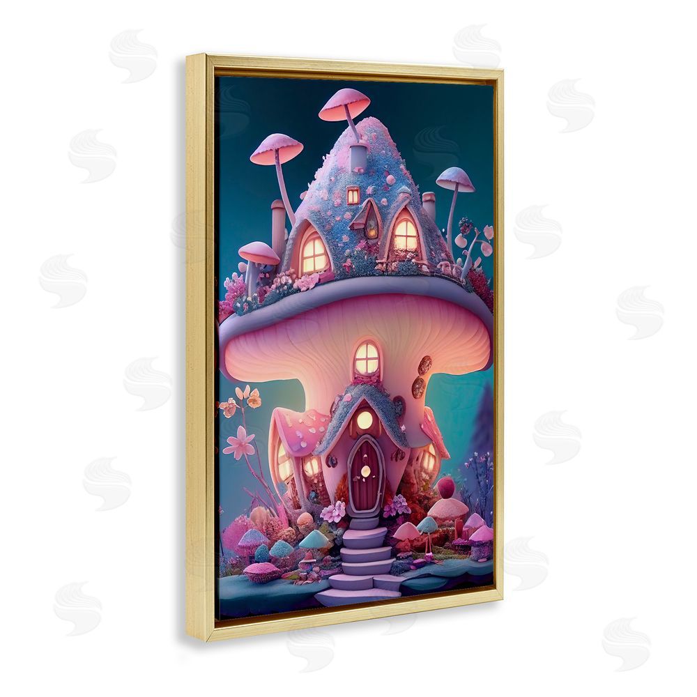Sasha Magicville Mushroom Cottage Home Gold Floating Frame Canvas Wall Art Print