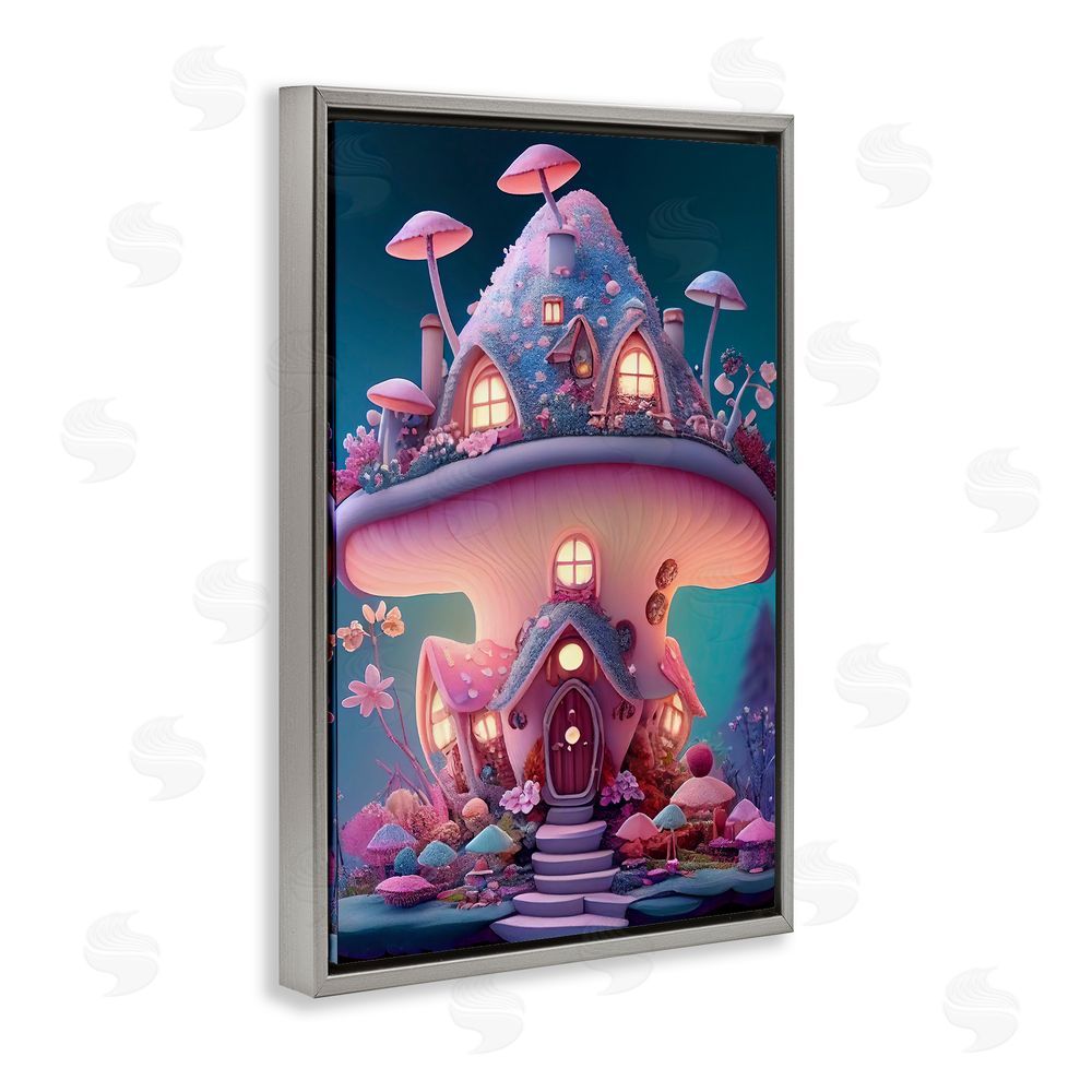 Sasha Magicville Mushroom Cottage Home Gray Floating Frame Canvas Wall Art Print