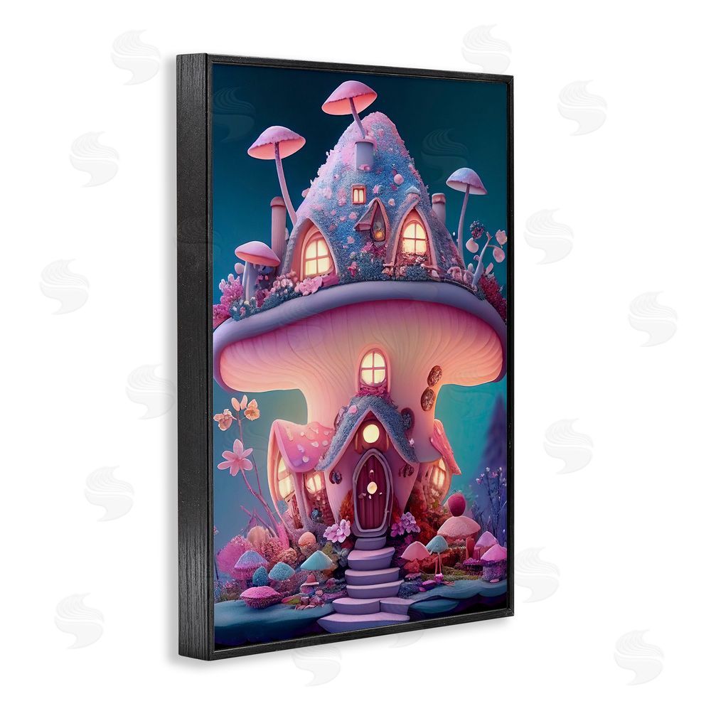 Sasha Magicville Mushroom Cottage Home Black Framed Giclee Wall Art Print