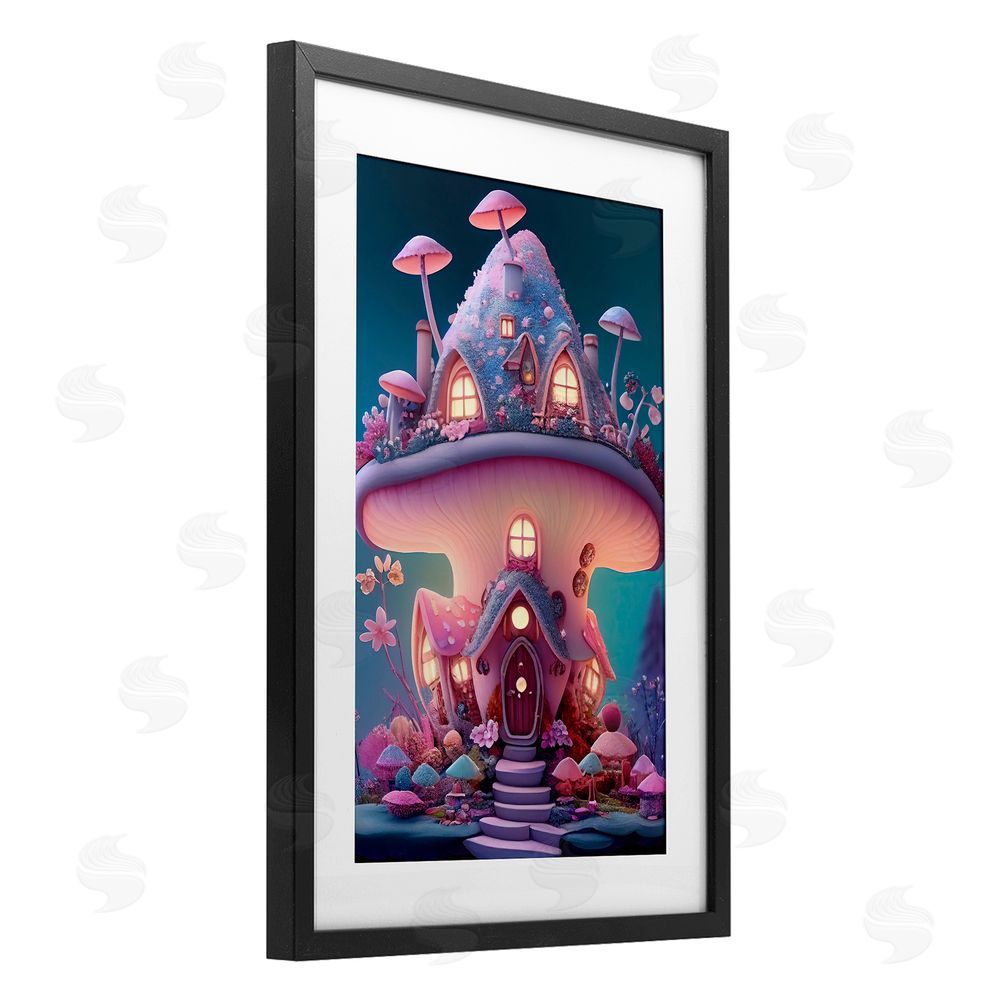 Sasha Magicville Mushroom Cottage Home Black Framed Print Under Glass with White Mat Wall Art