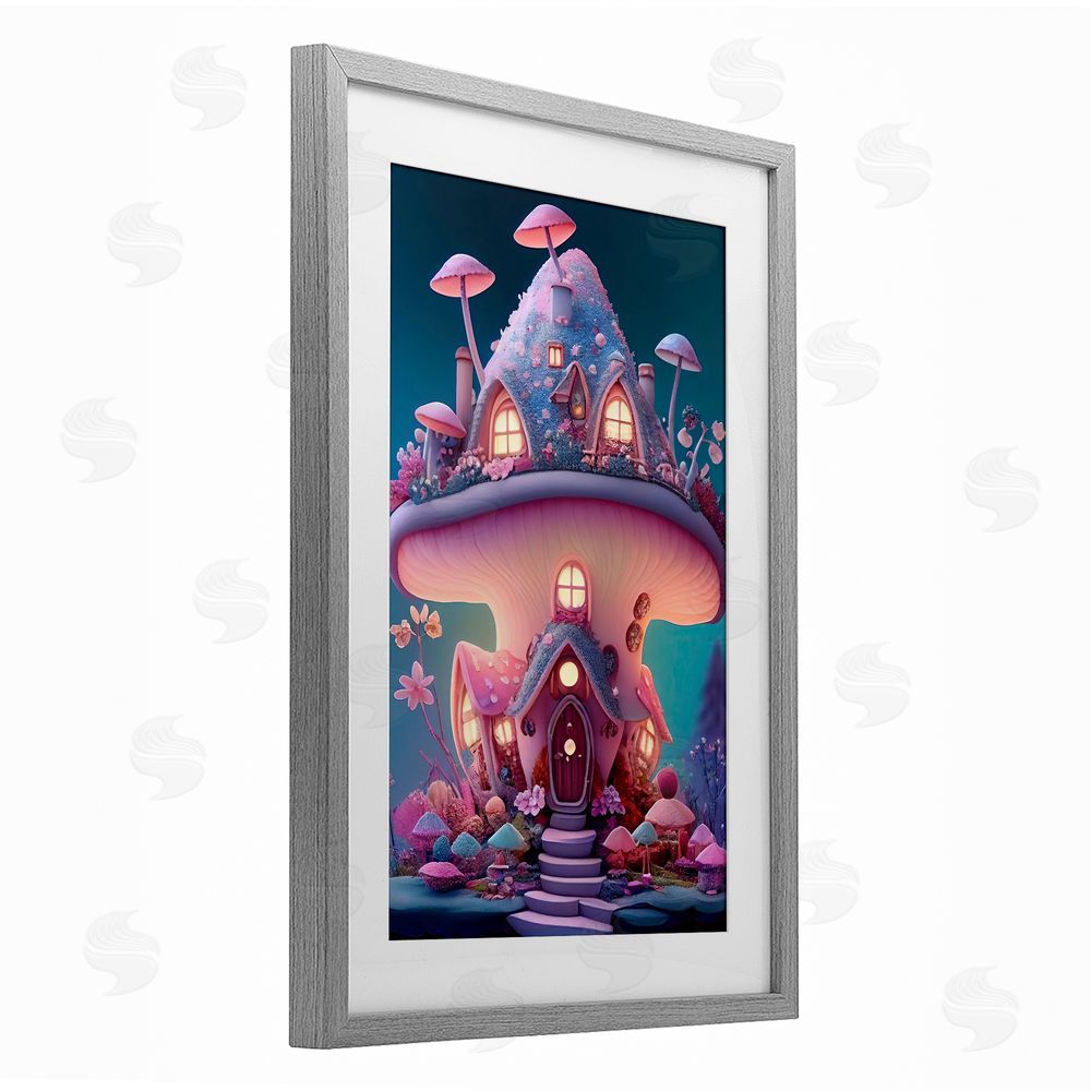 Sasha Magicville Mushroom Cottage Home Gray Framed Print Under Glass with White Mat Wall Art