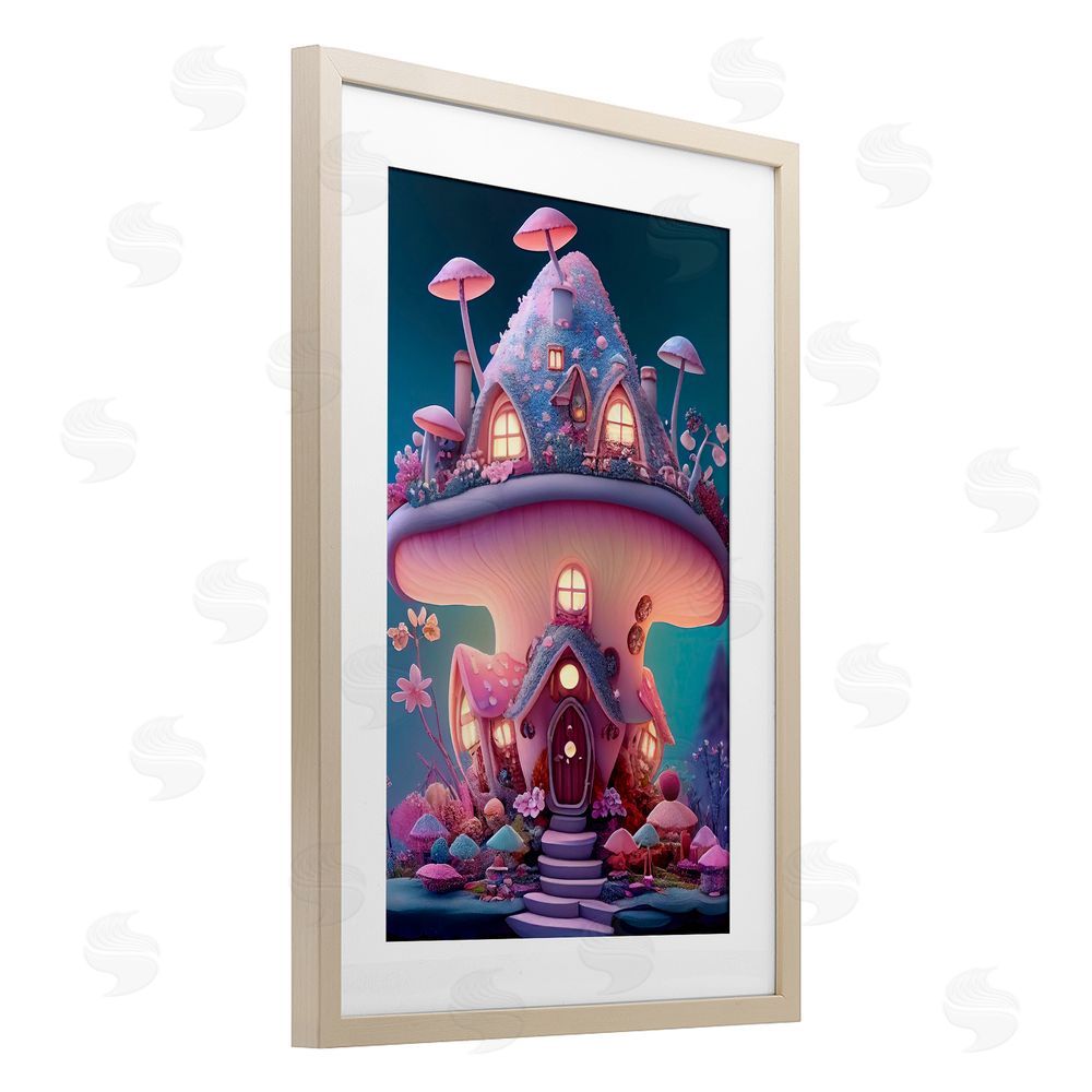 Sasha Magicville Mushroom Cottage Home Birch Framed Print Under Glass with White Mat Wall Art