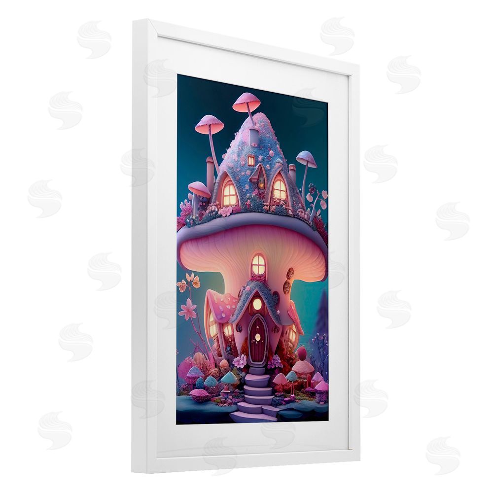 Sasha Magicville Mushroom Cottage Home White Framed Print Under Glass with Mat Wall Art