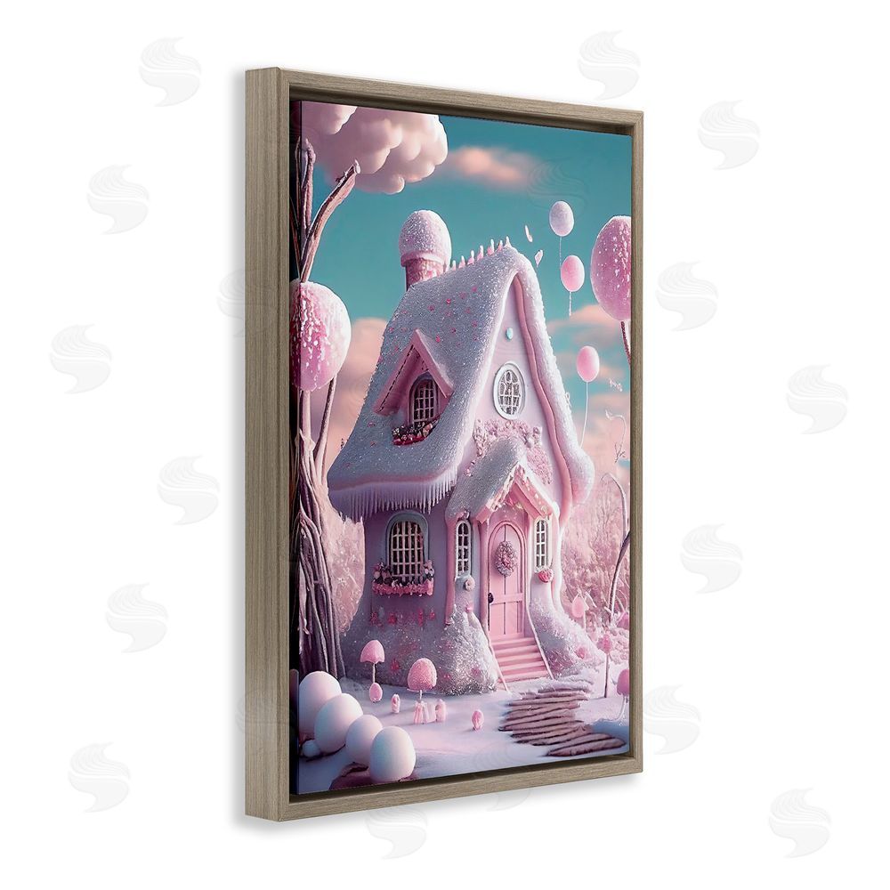 Sasha Magicville Snow Crusted Cottage Brown Floating Frame Canvas Wall Art Print