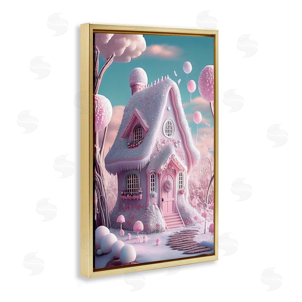 Sasha Magicville Snow Crusted Cottage Gold Floating Frame Canvas Wall Art Print