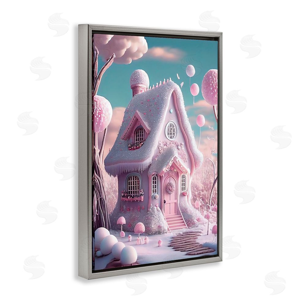 Sasha Magicville Snow Crusted Cottage Gray Floating Frame Canvas Wall Art Print