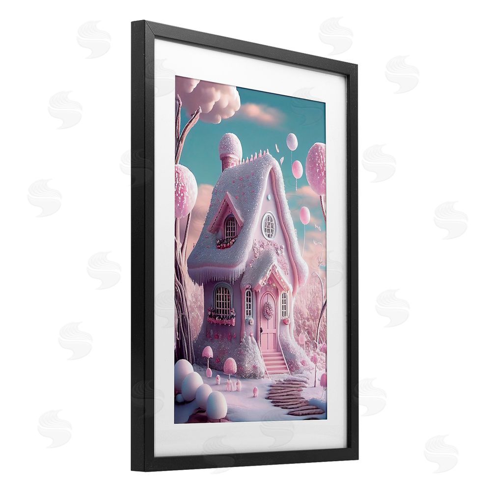 Sasha Magicville Snow Crusted Cottage Black Framed Print Under Glass with White Mat Wall Art