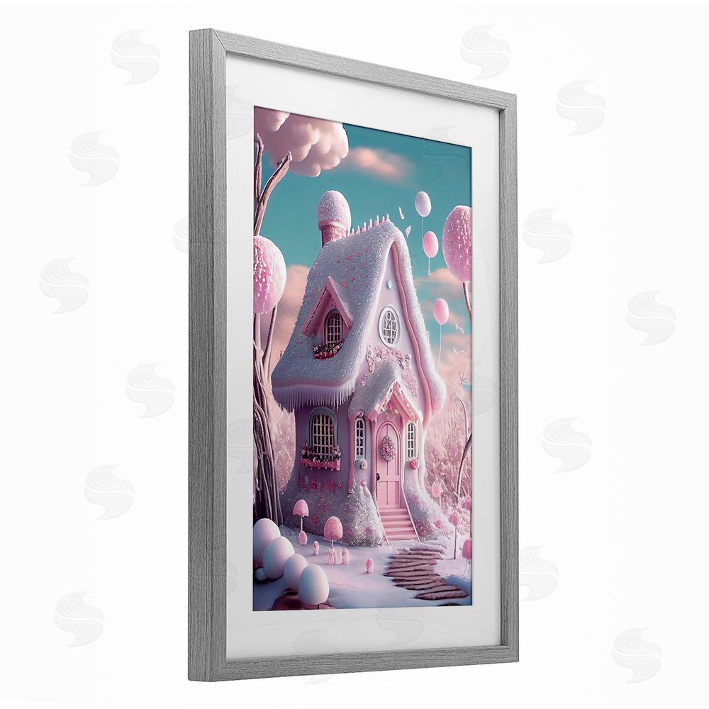 Sasha Magicville Snow Crusted Cottage Gray Framed Print Under Glass with White Mat Wall Art