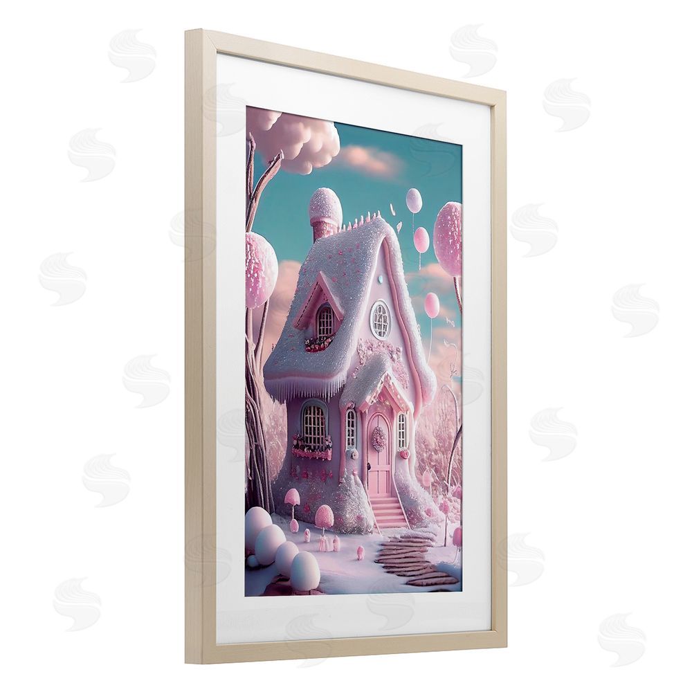 Sasha Magicville Snow Crusted Cottage Birch Framed Print Under Glass with White Mat Wall Art