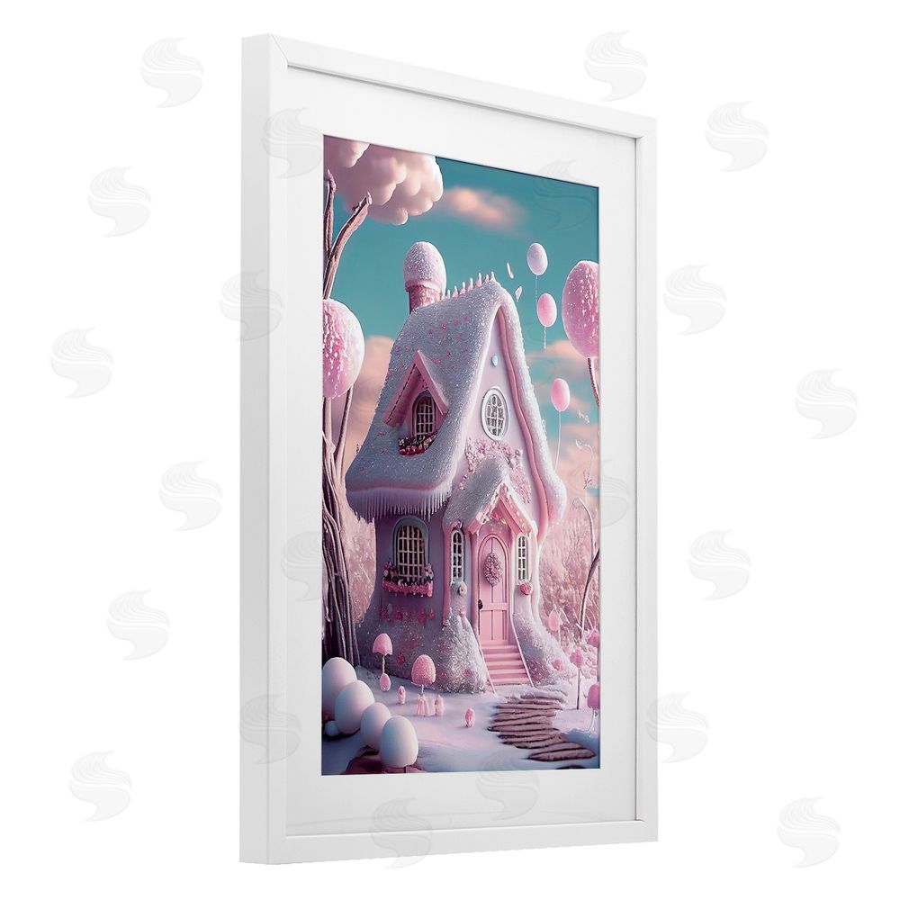Sasha Magicville Snow Crusted Cottage White Framed Print Under Glass with Mat Wall Art