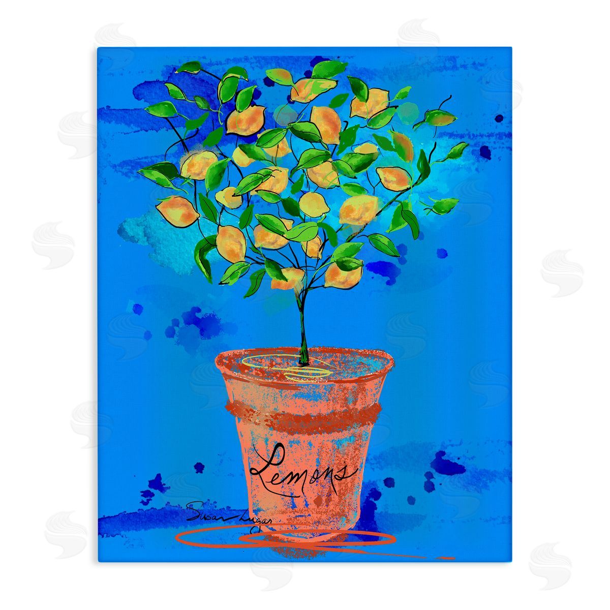Susan Lugar Potted Lemons Vivid Blue Canvas Wall Art Print