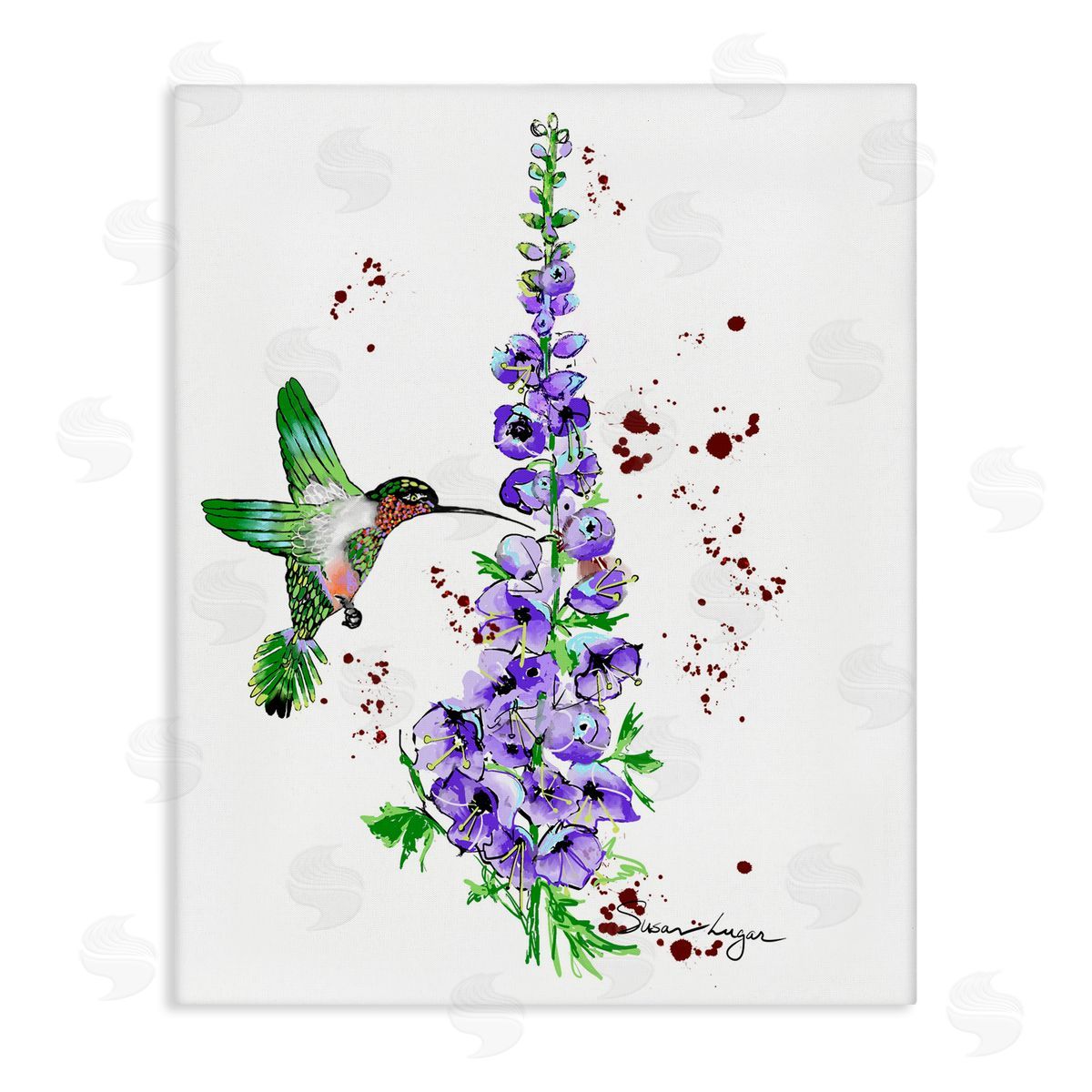 Susan Lugar Delphiniums and Hummingbird Canvas Wall Art Print