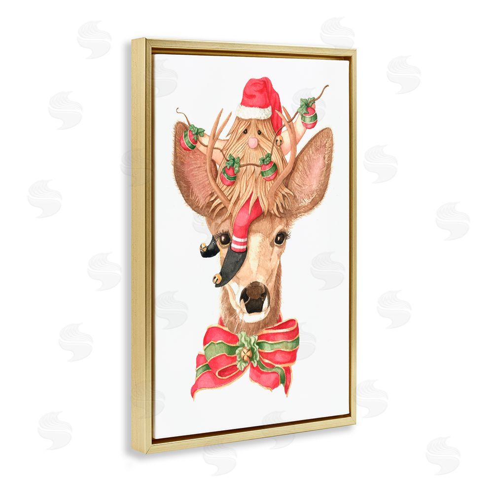 Nancy Overton Santa's Elf on Deer Gold Floating Frame Canvas Art Print