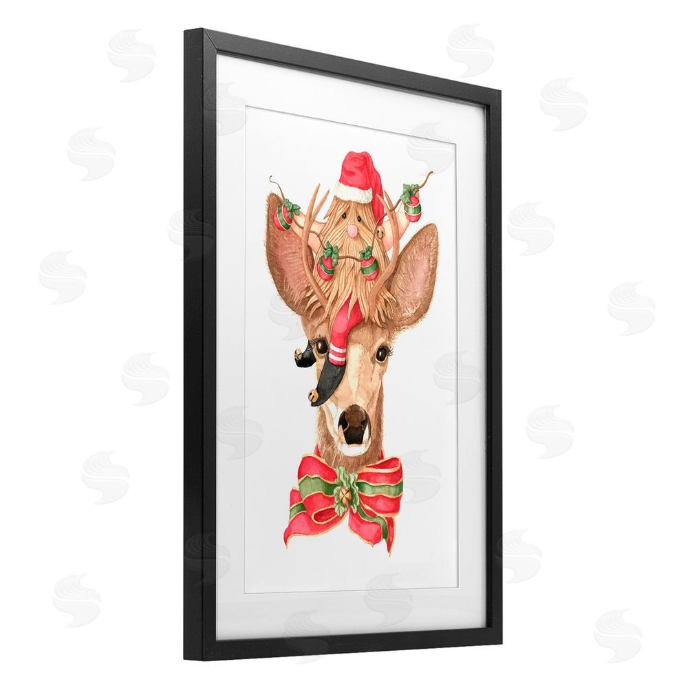 Nancy Overton Santa's Elf on Deer Black Framed Print Under Glass Art