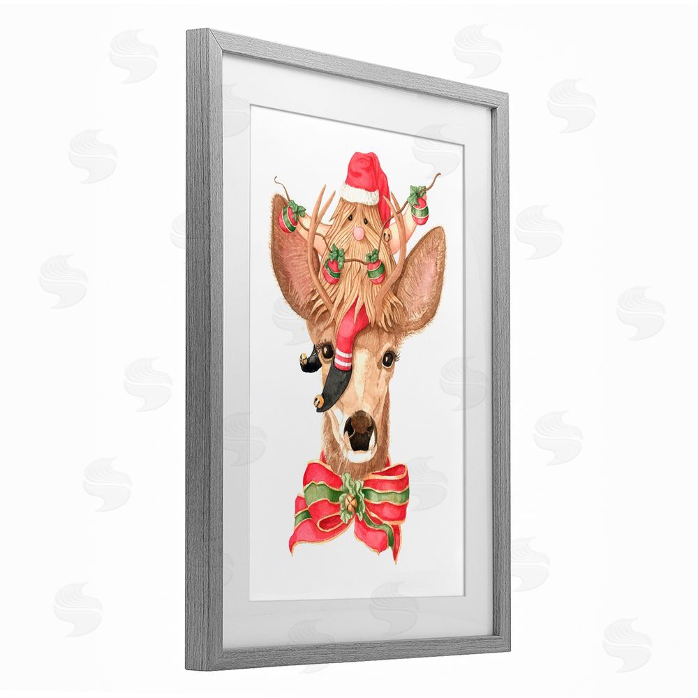 Nancy Overton Santa's Elf on Deer Gray Framed Print Under Glass Art