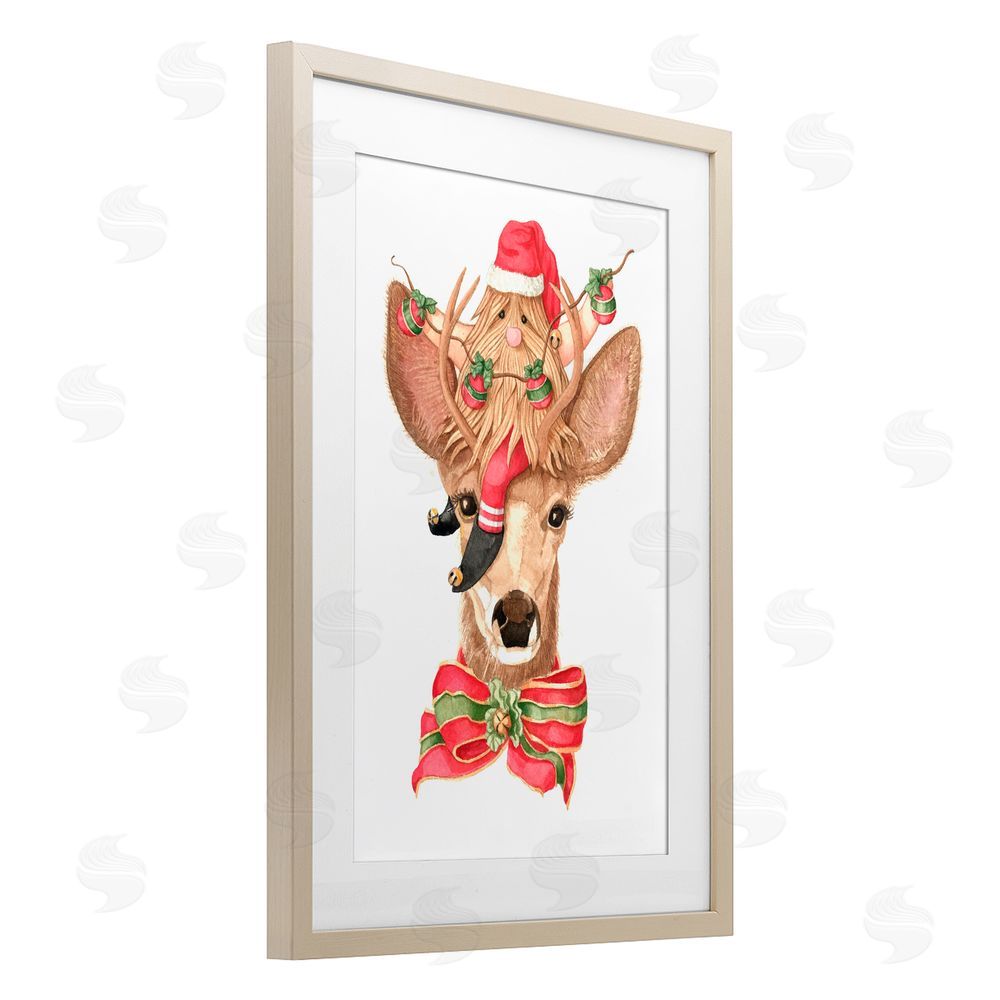 Nancy Overton Santa's Elf on Deer Birch Framed Print Under Glass Art