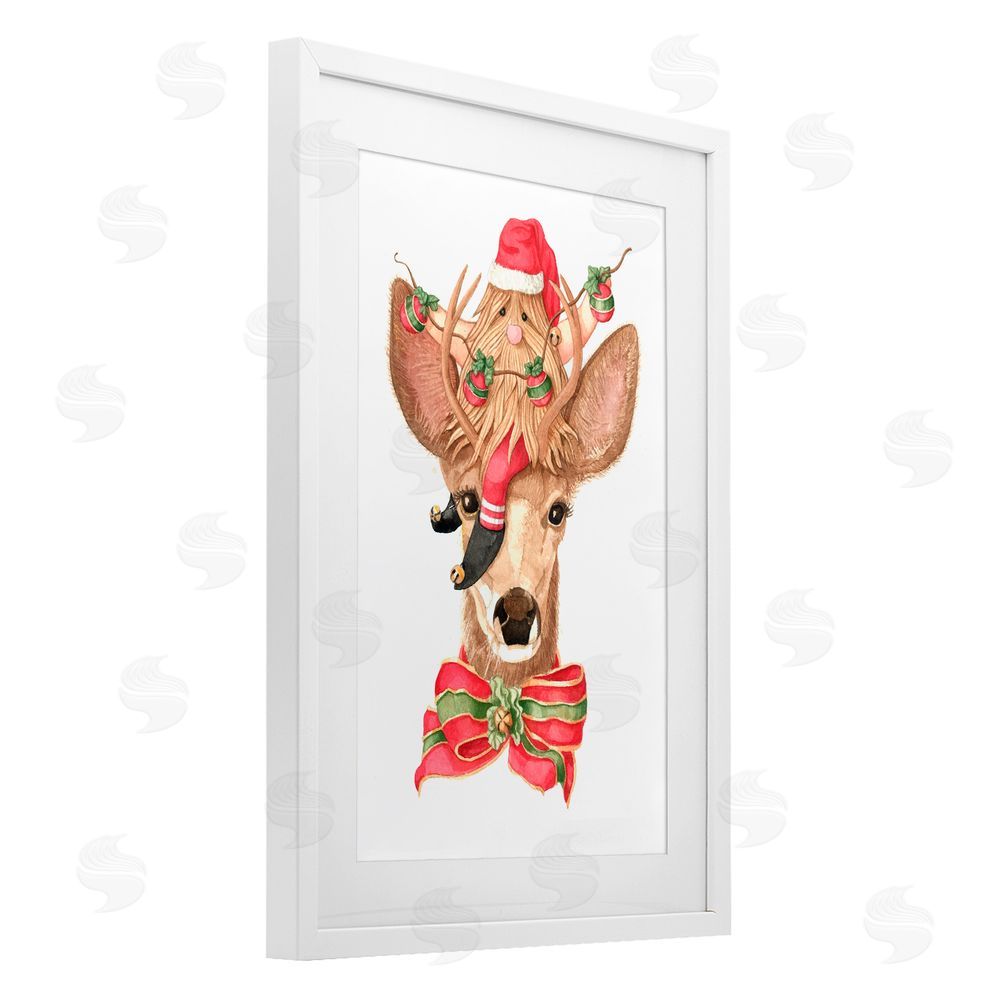 Nancy Overton Santa's Elf on Deer White Framed Print Under Glass Art