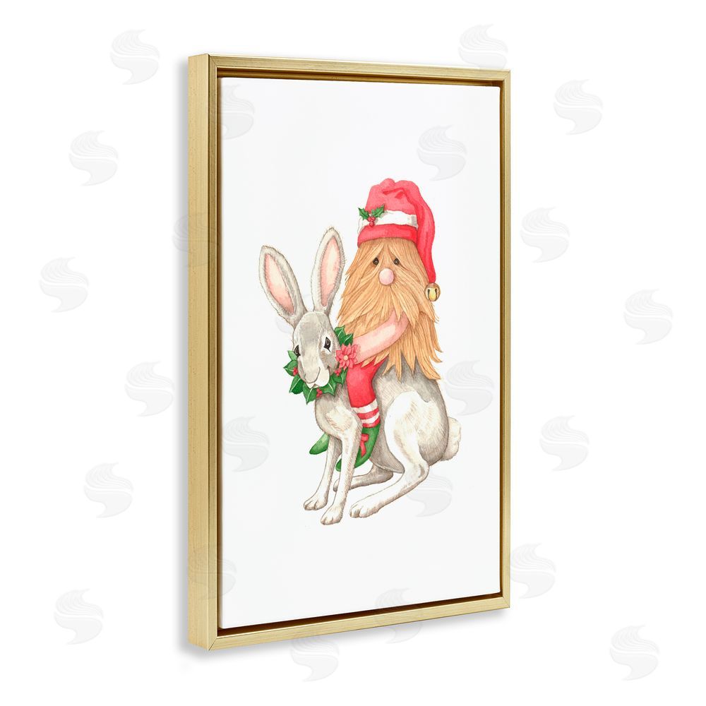 Nancy Overton Santa's Elf Riding Rabbit Gold Floating Frame Canvas Art Print