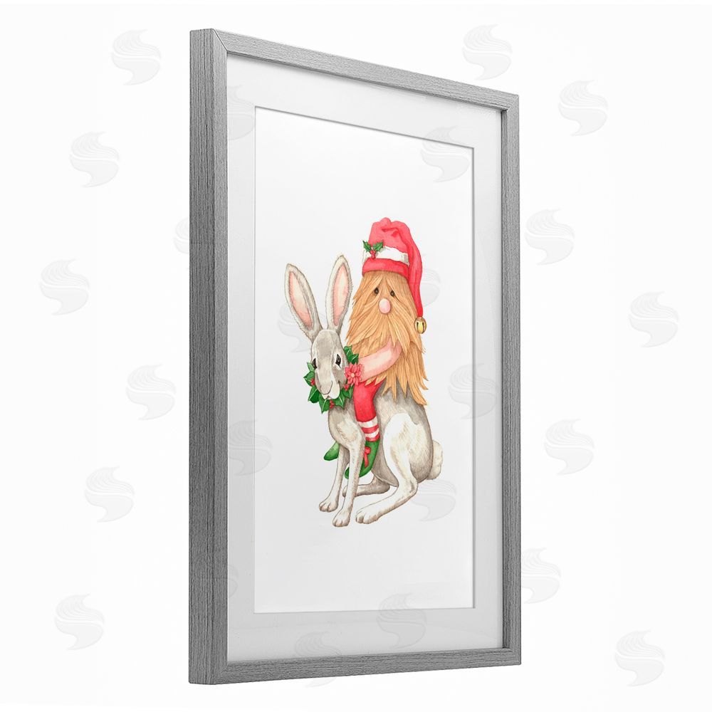 Nancy Overton Santa's Elf Riding Rabbit Gray Framed Print Under Glass Art