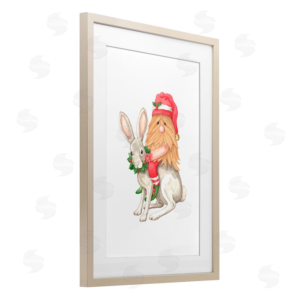 Nancy Overton Santa's Elf Riding Rabbit Birch Framed Print Under Glass Art