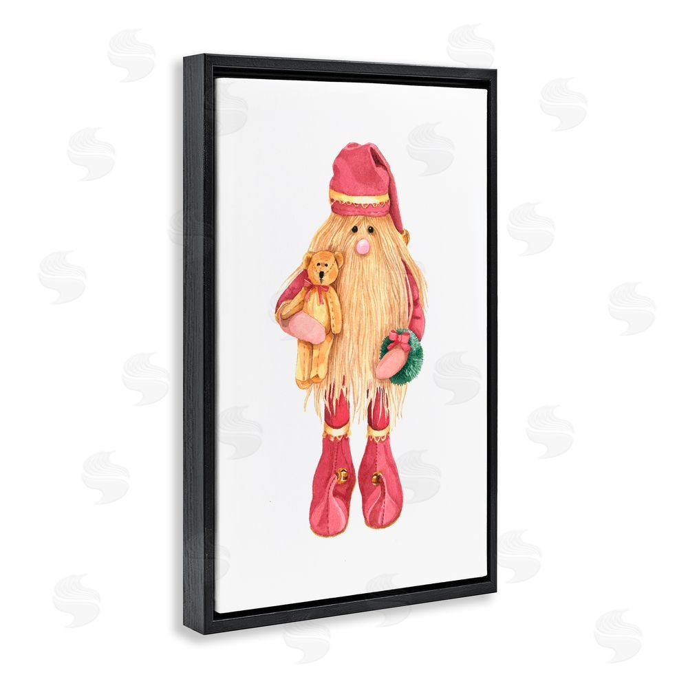 Nancy Overton Santa's Elf with Teddy Bear Black Floating Frame Canvas Wall Art Print