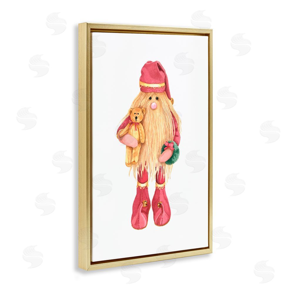 Nancy Overton Santa's Elf with Teddy Bear Gold Floating Frame Canvas Art Print
