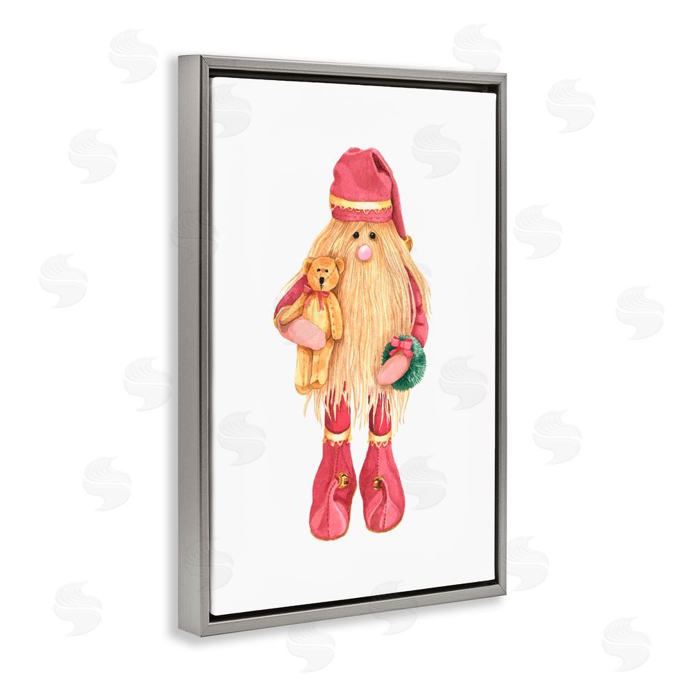 Nancy Overton Santa's Elf with Teddy Bear Gray Floating Frame Canvas Art Print