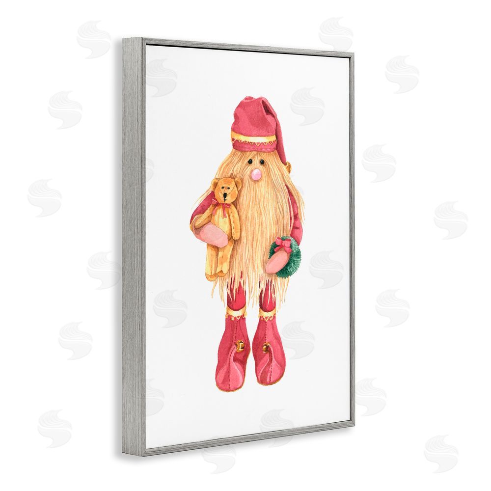 Nancy Overton Santa's Elf with Teddy Bear Gray Framed Giclee Art Print