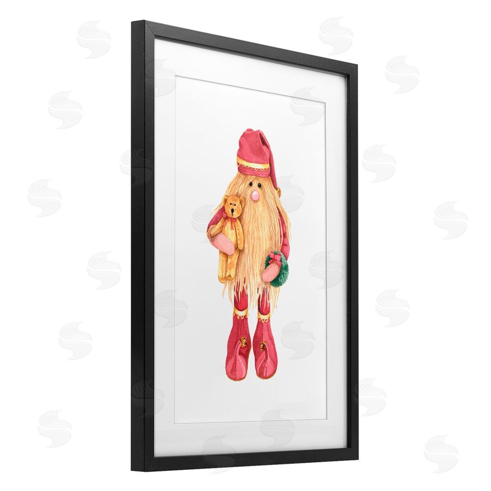 Nancy Overton Santa's Elf with Teddy Bear Black Framed Print Under Glass Art