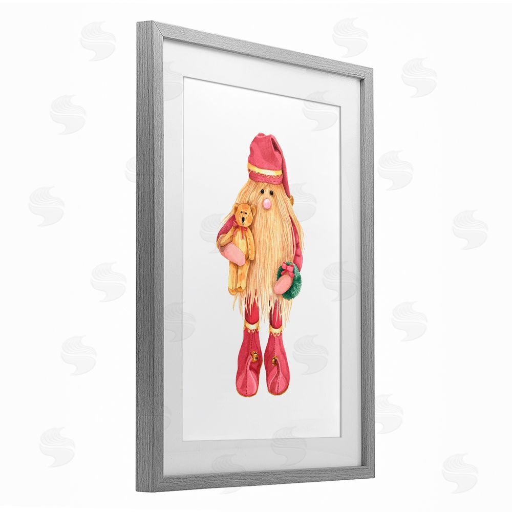 Nancy Overton Santa's Elf with Teddy Bear Gray Framed Print Under Glass Art