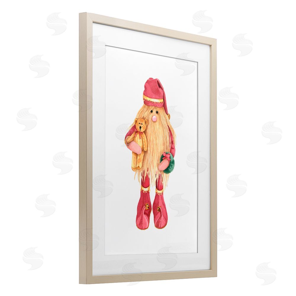 Nancy Overton Santa's Elf with Teddy Bear Birch Framed Print Under Glass Art