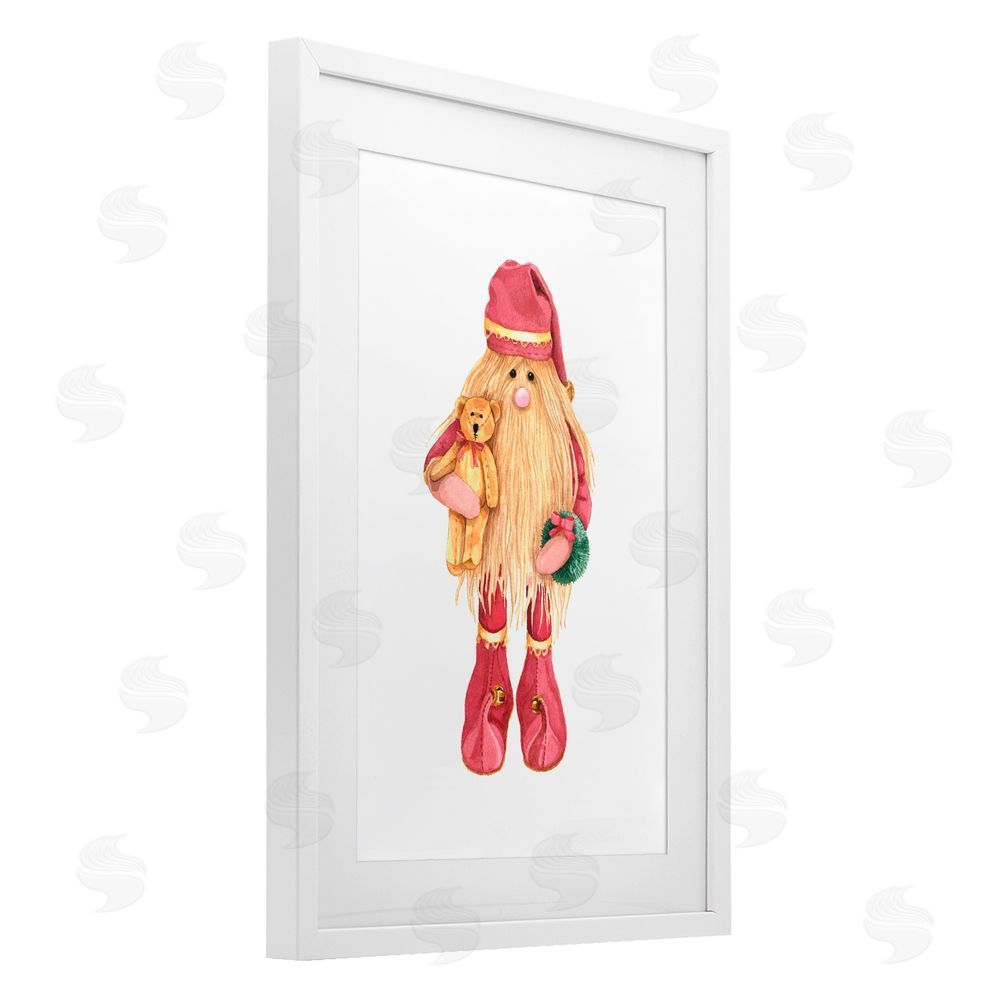 Nancy Overton Santa's Elf with Teddy Bear White Framed Print Under Glass Art