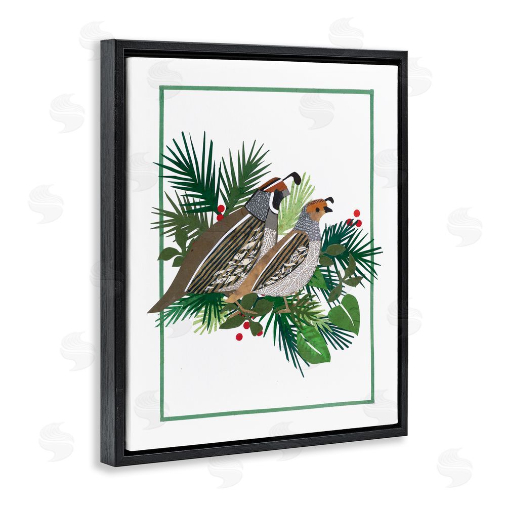 Nancy Overton Christmas Quail & Fir Black Floating Frame Canvas Wall Art Print