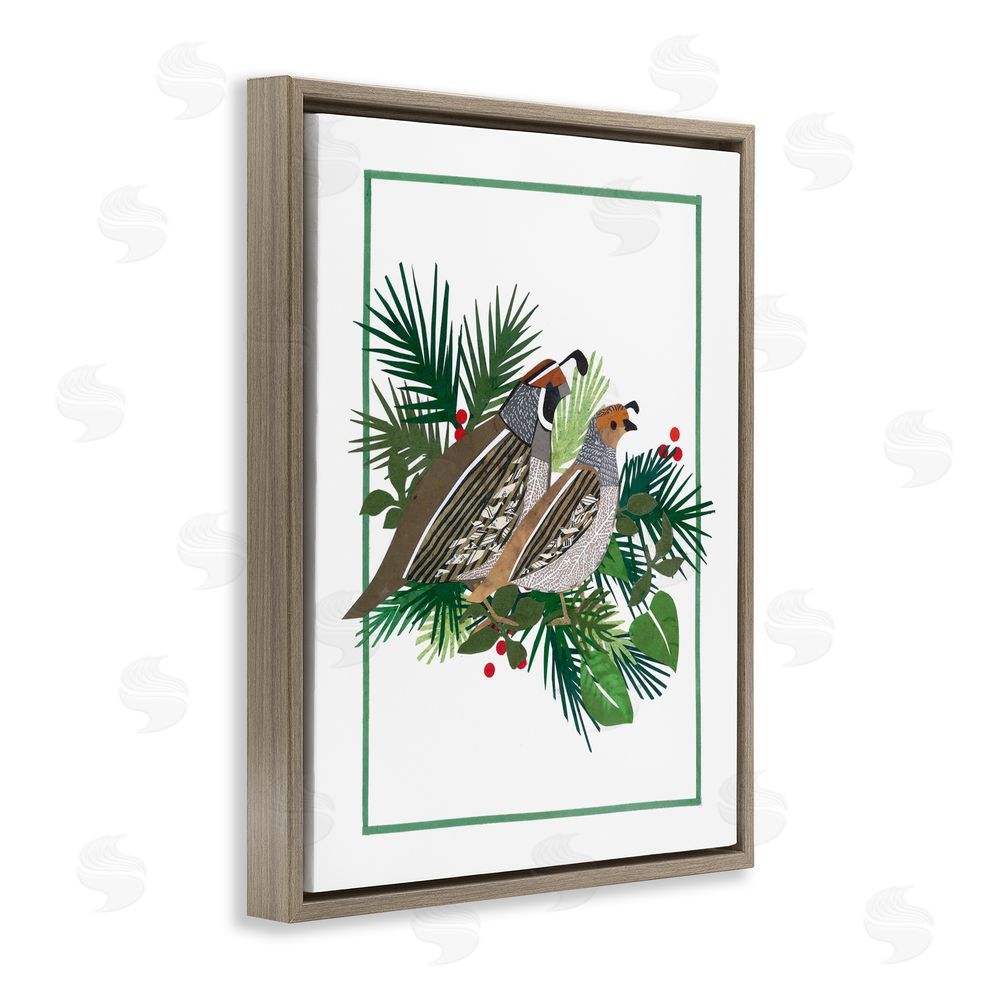 Nancy Overton Christmas Quail & Fir Brown Floating Frame Canvas Wall Art Print