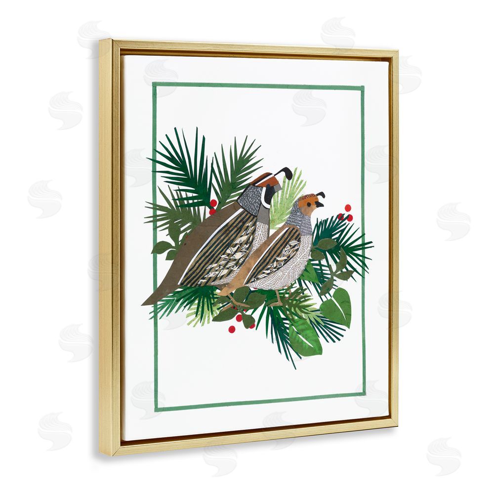 Nancy Overton Christmas Quail & Fir Gold Floating Frame Canvas Wall Art Print