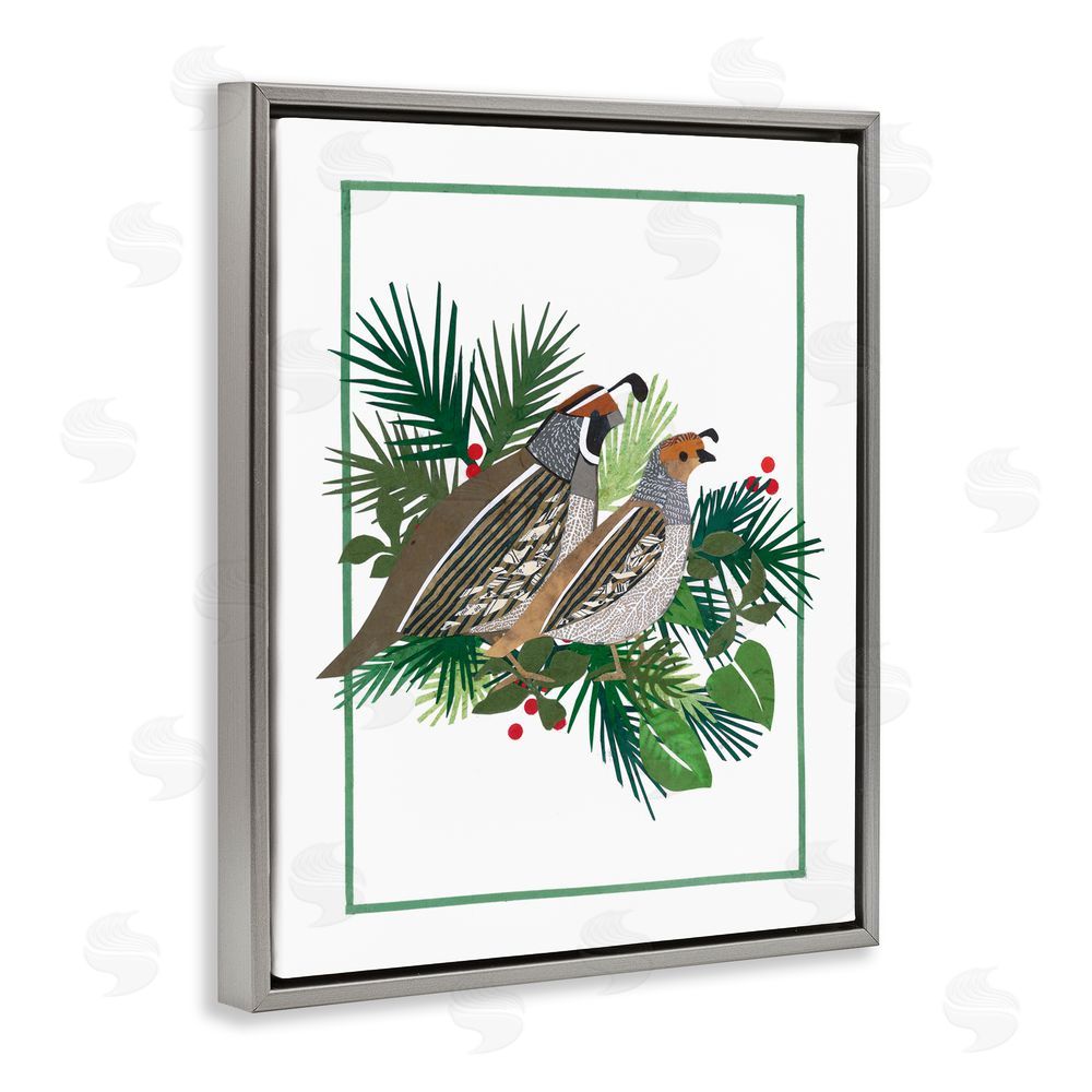 Nancy Overton Christmas Quail & Fir Gray Floating Frame Canvas Wall Art Print