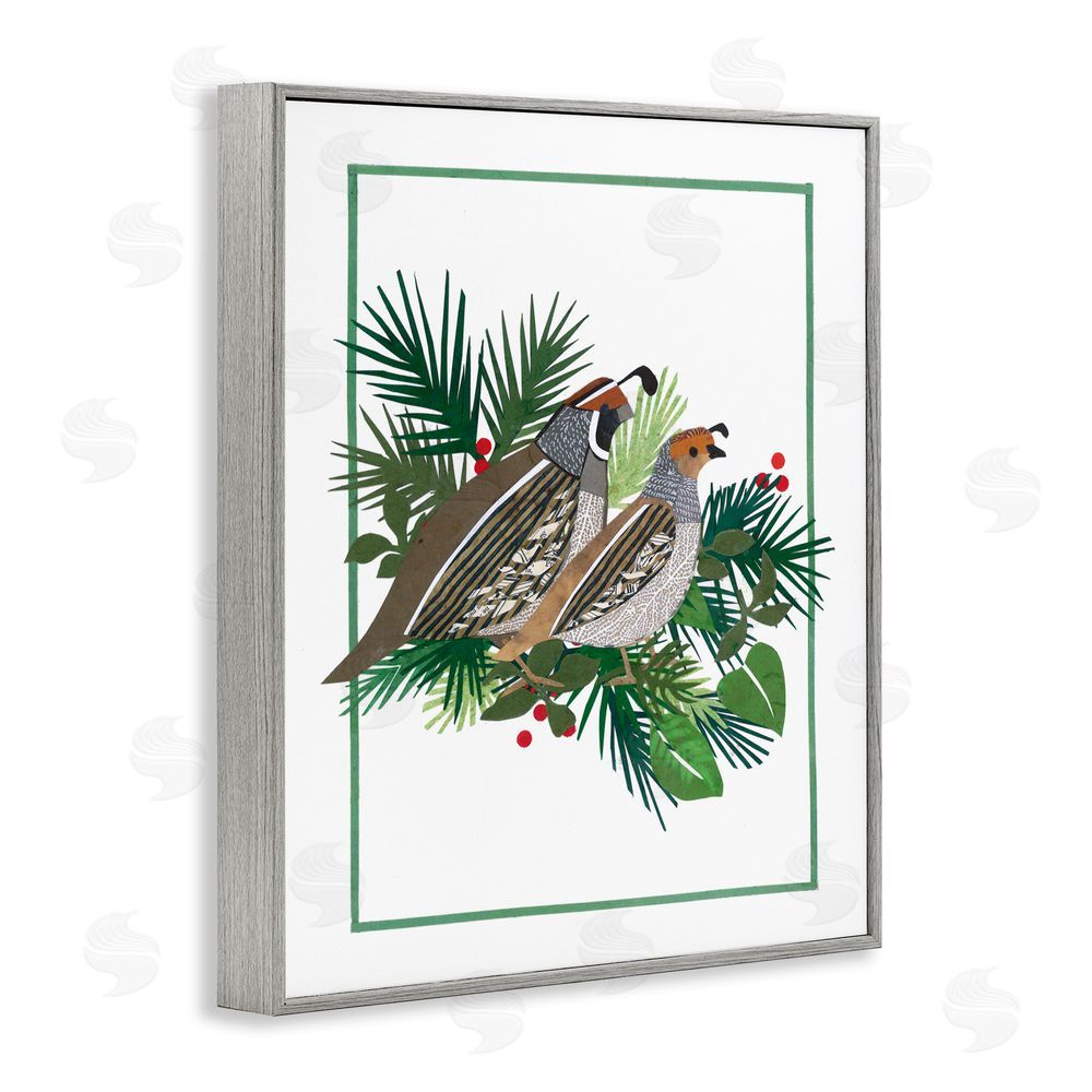 Nancy Overton Christmas Quail & Fir Gray Framed Giclee Wall Art Print