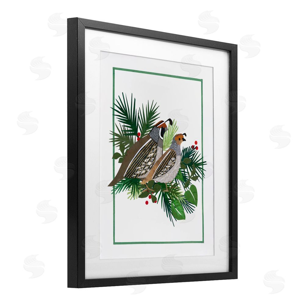 Nancy Overton Christmas Quail & Fir Black Framed Print Under Glass with White Mat Wall Art