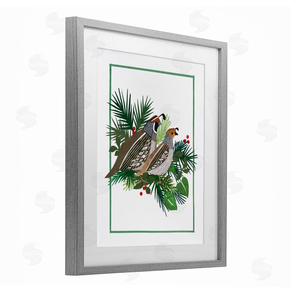 Nancy Overton Christmas Quail & Fir Gray Framed Print Under Glass with White Mat Wall Art