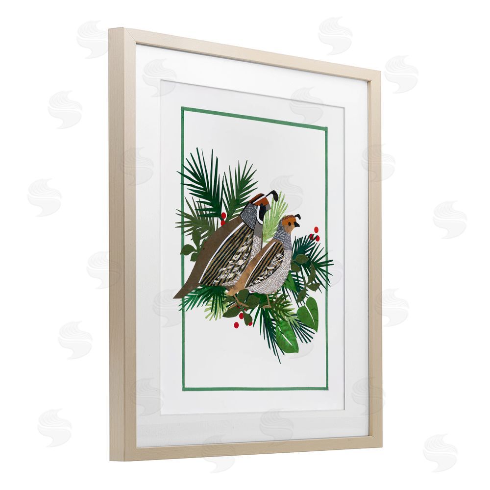 Nancy Overton Christmas Quail & Fir Birch Framed Print Under Glass with White Mat Wall Art